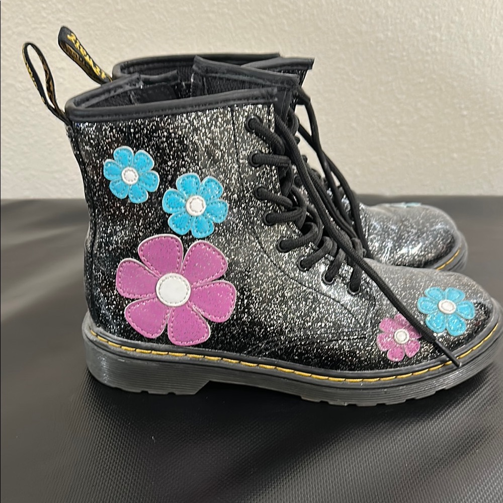 Dr. Martens Kids Black Glitter Boots with Floral Accents